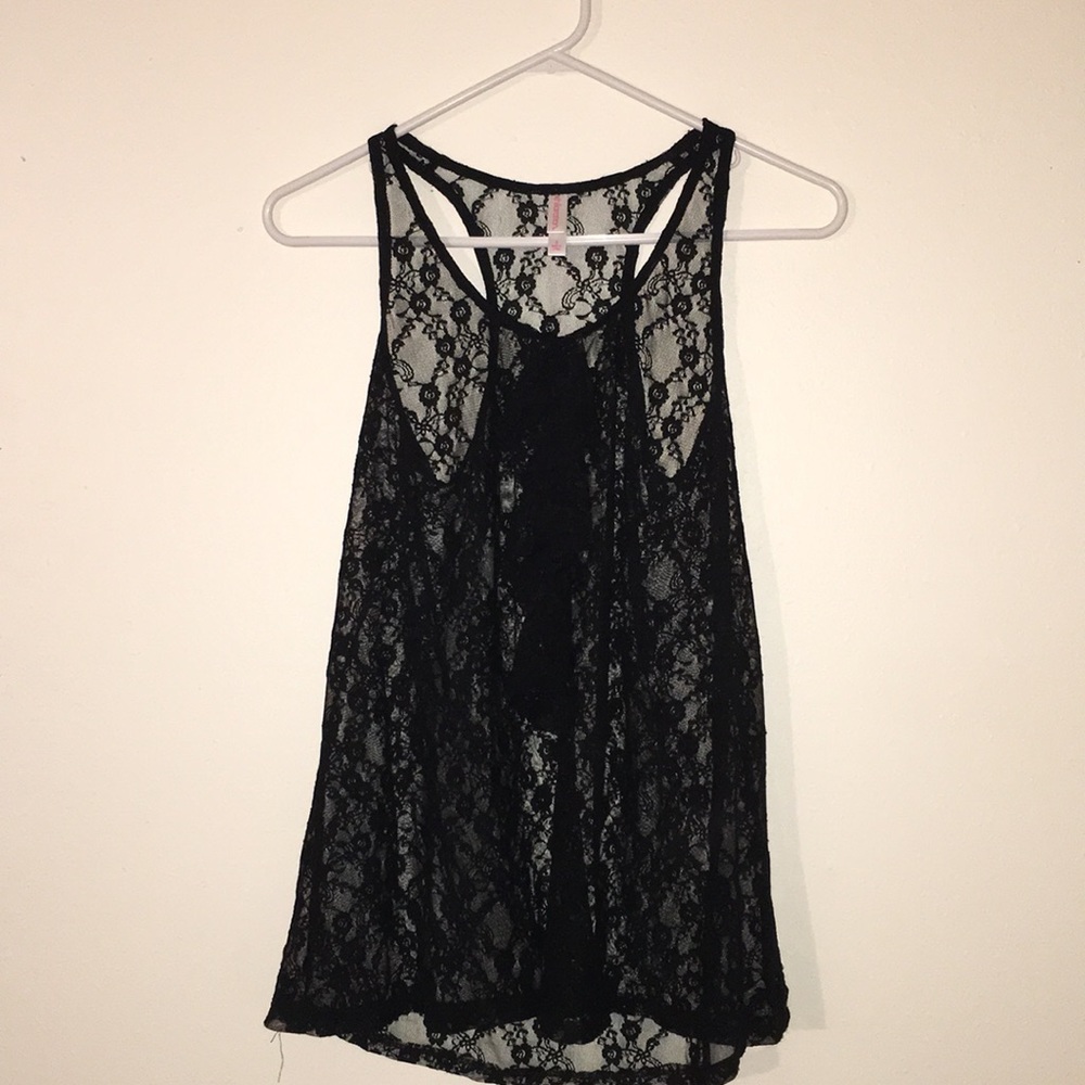 Black Lace Tank with Front Ruffle Detail
